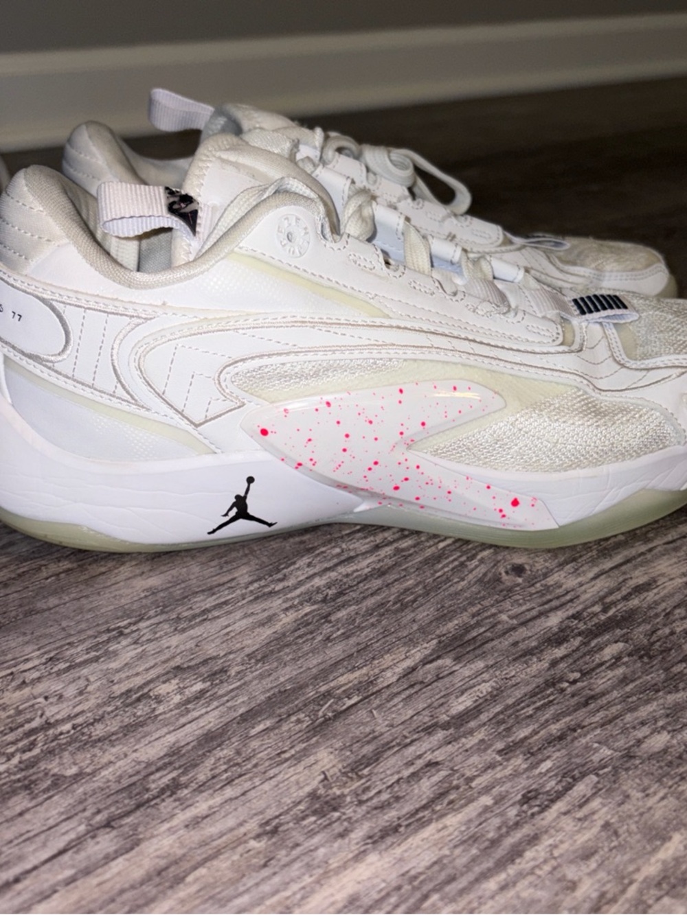 Jordan Women's White Sneakers with Pink Speckle Accents
